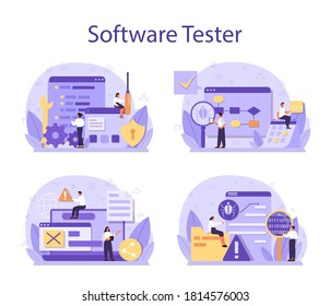 Testing software concept set. Application or website code test process. IT specialist searching for bugs. Idea of computer technology. Digital analysis. Vector illustration in cartoon style
