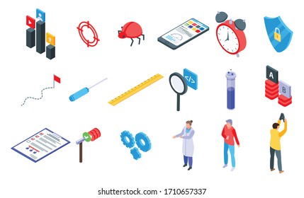 Testing software icons set. Isometric set of testing software vector icons for web design isolated on white background
