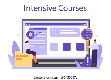 Testing software online service or platform. Application or website code test process. IT specialist searching for bugs. Online course. Vector illustration