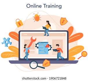 Testing software online service or platform. Application or website code test process. IT specialist searching for bugs. Online training. Vector flat illustration