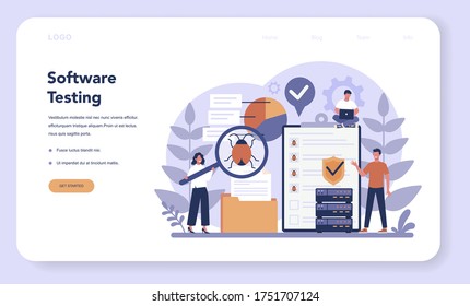 Testing Software Web Banner Or Landing Page. Application Or Website Code Test Process. IT Specialist Searching For Bugs. Idea Of Computer Technology. Vector Illustration In Cartoon Style