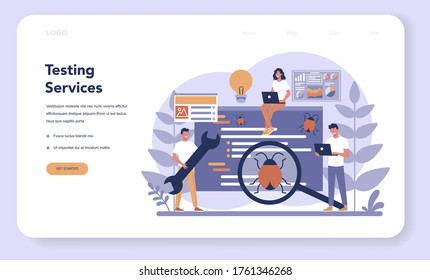 Testing software web banner or landing page. Application or website code test process. IT specialist searching for bugs. Idea of computer technology. Vector illustration in cartoon style
