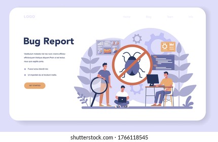 Testing software web banner or landing page. Application or website code test process. IT specialist searching for bugs. Idea of computer technology. Vector illustration in cartoon style