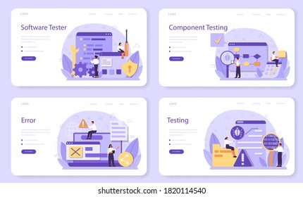 Probar el banner web del software o el juego de páginas de inicio. Proceso de prueba de código de aplicación o sitio web. Especialista en TI buscando fallos. Idea de tecnología informática. Ilustración vectorial en estilo de caricatura