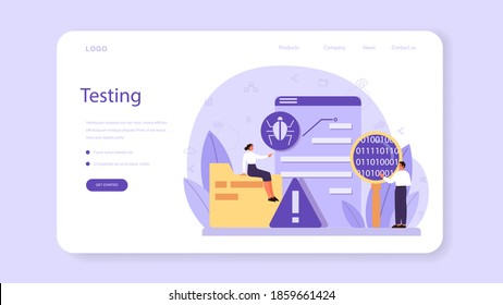 Testing software web banner or landing page. Application or website code test process. IT specialist searching for bugs. Idea of computer technology. Vector illustration in cartoon style