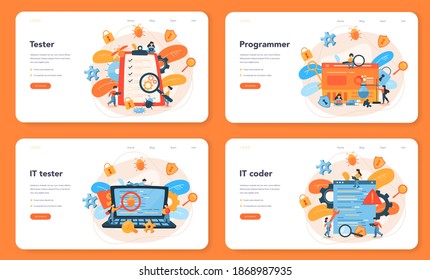 Testing software web banner or landing page set. Application or website code test process. IT specialist searching for bugs. Idea of computer technology. Vector illustration in cartoon style