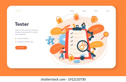 Testing software web banner or landing page. Application or website code test process. IT specialist searching for bugs. Idea of computer technology. Vector illustration in cartoon style