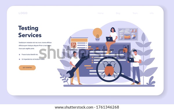 Testing\
software web banner or landing page. Application or website code\
test process. IT specialist searching for bugs. Idea of computer\
technology. Vector illustration in cartoon\
style
