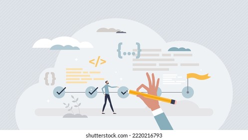 Testing software or webpage for usability, bugs or errors tiny person concept. Development phase with functional, safety or technical analysis vector illustration. IT worker coding performance checkup