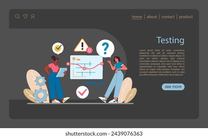 Testing stage in IT project management. Highlights the critical evaluation of software functionality, identifying bugs, and ensuring product quality before deployment. Flat vector illustration.