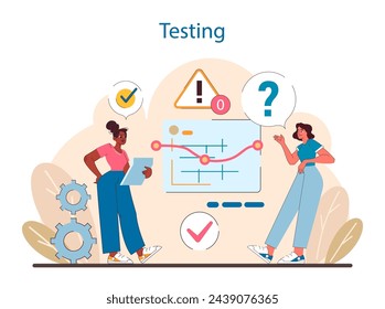 Testing stage in IT project management. Highlights the critical evaluation of software functionality, identifying bugs, and ensuring product quality before deployment. Flat vector illustration.