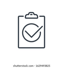 testing, test, education concept. tick in checkbox document on clipboard. correct test solution. success in completing assignment. line style icon. isolated vector illustration