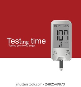 Tiempo de prueba dispositivo de prueba de glucosa en sangre que muestra el nivel de azúcar en la sangre, icono del dispositivo del probador de diabetes. Ilustración vectorial con glucómetro