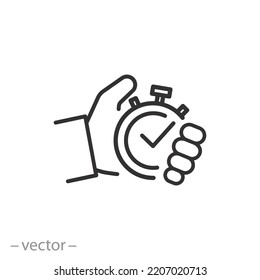 Prüfzeitsymbol, Instant Unit, Stoppuhr in der Hand, Schnellprüfung, Dünnzeilensymbol auf weißem Hintergrund - bearbeitete Schlaganfallgrafik