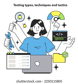 Testing types, techniques and tactics. Software testing methodology. IT specialist searching for bugs in code. Website and application development. Flat vector illustration