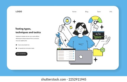 Testing types, techniques and tactics web banner or landing page. Software testing methodology. IT specialist searching for bugs in code. Website and application development. Flat vector illustration