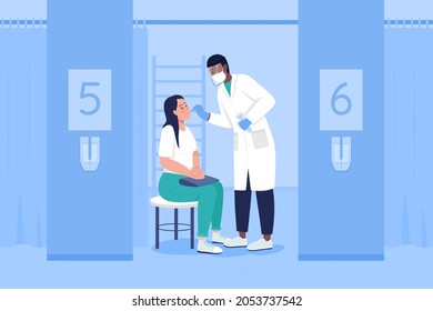 Testing for virus flat color vector illustration. Health checkup. Clinical diagnostics. Taking samples. Patient and doctor 2D cartoon characters with hospital space blue interior on background