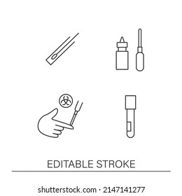 Testing virus line icons set. Coronavirus testing process. Health checking. Medicine concepts. Isolated vector illustrations. Editable stroke