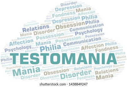 Testomania word cloud. Type of mania, made with text only.