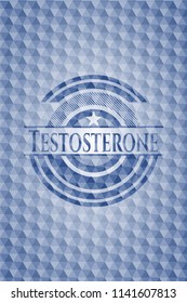 Testosterone blue emblem or badge with abstract geometric pattern background.