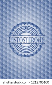 Testosterone blue emblem or badge with abstract geometric polygonal pattern background.
