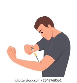 Inyección de la dosis de testosterona para los constructores corporales que ganan músculos grandes. Ilustración vectorial plana aislada en fondo blanco