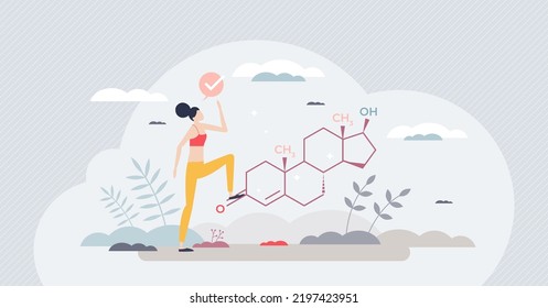 Testosterone Hormone In Female Body As Chemical Element Tiny Person Concept. Molecular Girls Sex Steroid Produced In Woman Ovary, Adrenal Gland And Fat Cells Vector Illustration. Biochemistry Formula