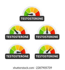 Testosterone icon on speedometer. High testosterone meter. Testosterone level meter. Increase. Hormone testosterone level measuring scale. Health care concept. Vector illustration