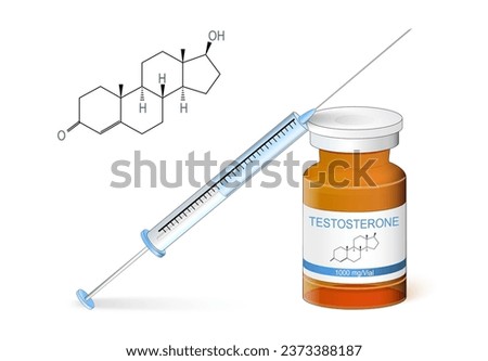 Testosterone injection. Hormone replacement therapy. Sexual health. Syringe, and vial for injection. vector poster