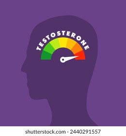Testosterone level meter on a person head profile view. Hormone health concept illustration.