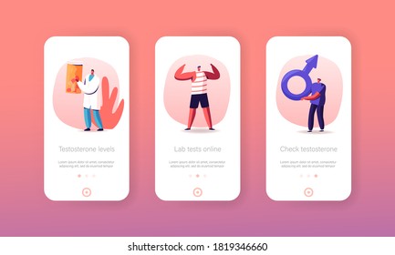 Testosterone Mobile App Page Onboard Screen Template. Tiny Man Character Hold Huge Mars Sign. Doctor with Pills. Hormonal Diagnostics and Disease Treatment Concept. Cartoon People Vector Illustration