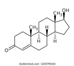 Estructura molecular de la testosterona. La testosterona es la hormona sexual primaria y el esteroide anabólico en los machos. Fórmula estructural vectorial del compuesto químico con ligas rojas y etiquetas átomo negras.