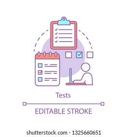 Tests concept icon. Examination paper idea thin line illustration. Student takes exam at school, university. Knowledge verification at work, test task. Vector isolated outline drawing. Editable stroke