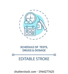 Tests, Drugs And Dosage Schedule Concept Icon. Trial Protocol Idea Thin Line Illustration. Formal Test Procedure. Experiments Conduction. Vector Isolated Outline RGB Color Drawing. Editable Stroke