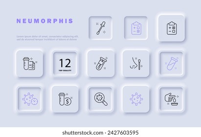 Tests set line icon. Blood, test tube, test, positive, negative, magnifying glass, watch, bacteria. Neomorphism style. Vector line icon for business and advertising