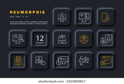 Tests set line icon. Flask, monitor, DNA, smartphone, research, atom, experiment, report. Neomorphism style. Vector line icon for business and advertising