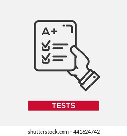 Tests Single Isolated Modern Vector Line Design Icon With A Hand Holding Paper With Successful Test Results