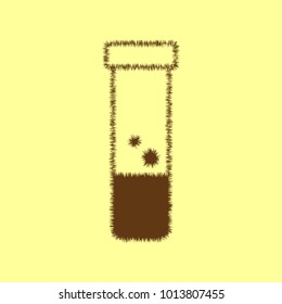 Test-tube icon with bubbles in air. Vector. Brown hairy icon on yellowish background. Isolated.