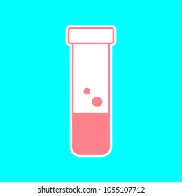 Test-tube icon with bubbles in air. Vector. Magenta icon with white sticker contour at sky blue background. Isolated.