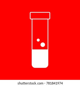 Test-tube icon with bubbles in air. Vector. White icon on red background. Isolate.