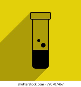 Test-tube icon with bubbles in air. Vector. Flat black icon with with semitransparent shadow on citrine background.