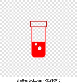 Test-tube icon with bubbles in liquid. Vector. Red flat icon on transparent background.