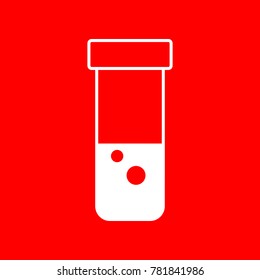 Test-tube icon with bubbles in liquid. Vector. White icon on red background. Isolate.