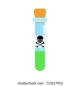 Test-tube with poison. Green toxic liquid in glass tube with skull and bones. Vector illustration on white background