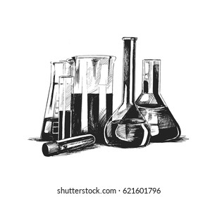 Test-tubes isolated on white. Laboratory glassware, Hand Drawn Sketch Vector illustration.