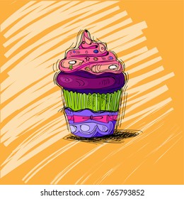 Testy cake. Hand drown cupcake in yellow background.