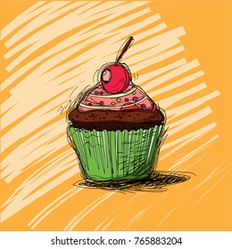 Testy cake. Hand drown cupcake in yellow background.