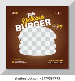 Testy Delicious Burger social media post template For Restaurant. Fast food social media banner design. Marketing, advertising restaurant food menu banner design. Vector illustration, Square size burg