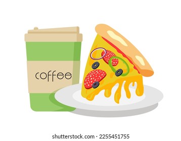 Testy pepperoni pizza and coffee. Fast food Illustration. Vector EPS10