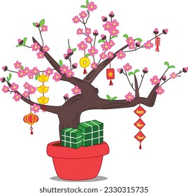 Tet cherry blossom tree: Symbol of prosperity and celebrations during Lunar New Year. Pink blossoms, lanterns, and traditional decorations create a festive atmosphere.